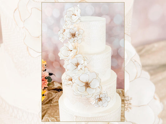 Gold Trimmed Classic Cascade — White and Gold Open Rose Sugar Flower Set