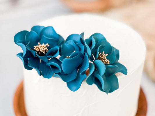 Teal and Gold Trio of Open Rose Sugar Flowers