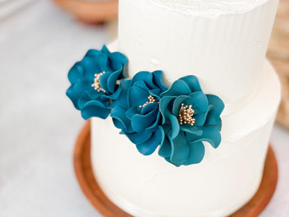 Teal and Gold Trio of Open Rose Sugar Flowers