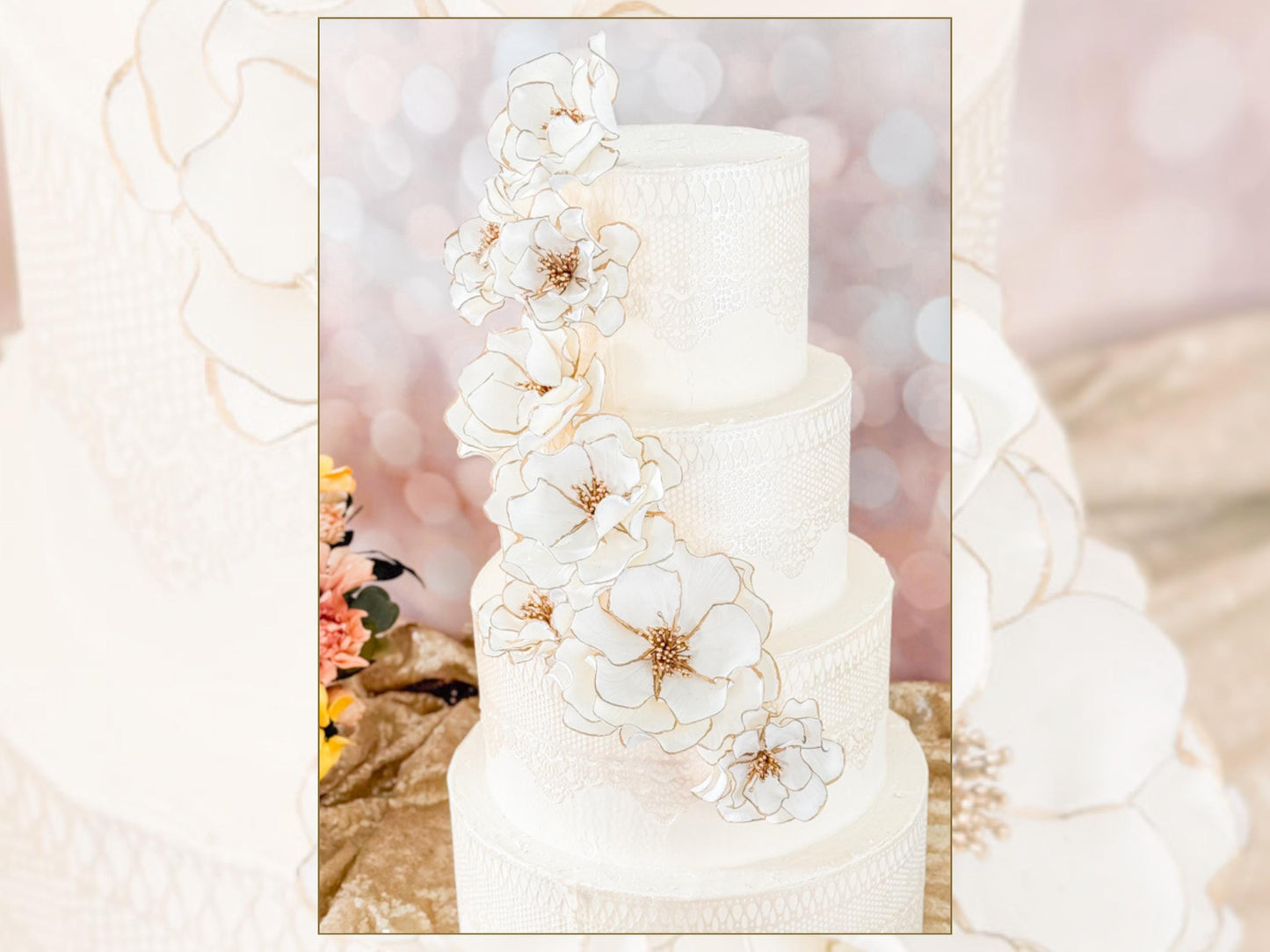 Gold Trimmed Classic Cascade — White and Gold Open Rose Sugar Flower Set