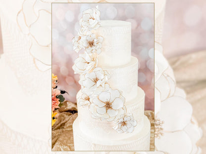 Gold Trimmed Classic Cascade — White and Gold Open Rose Sugar Flower Set