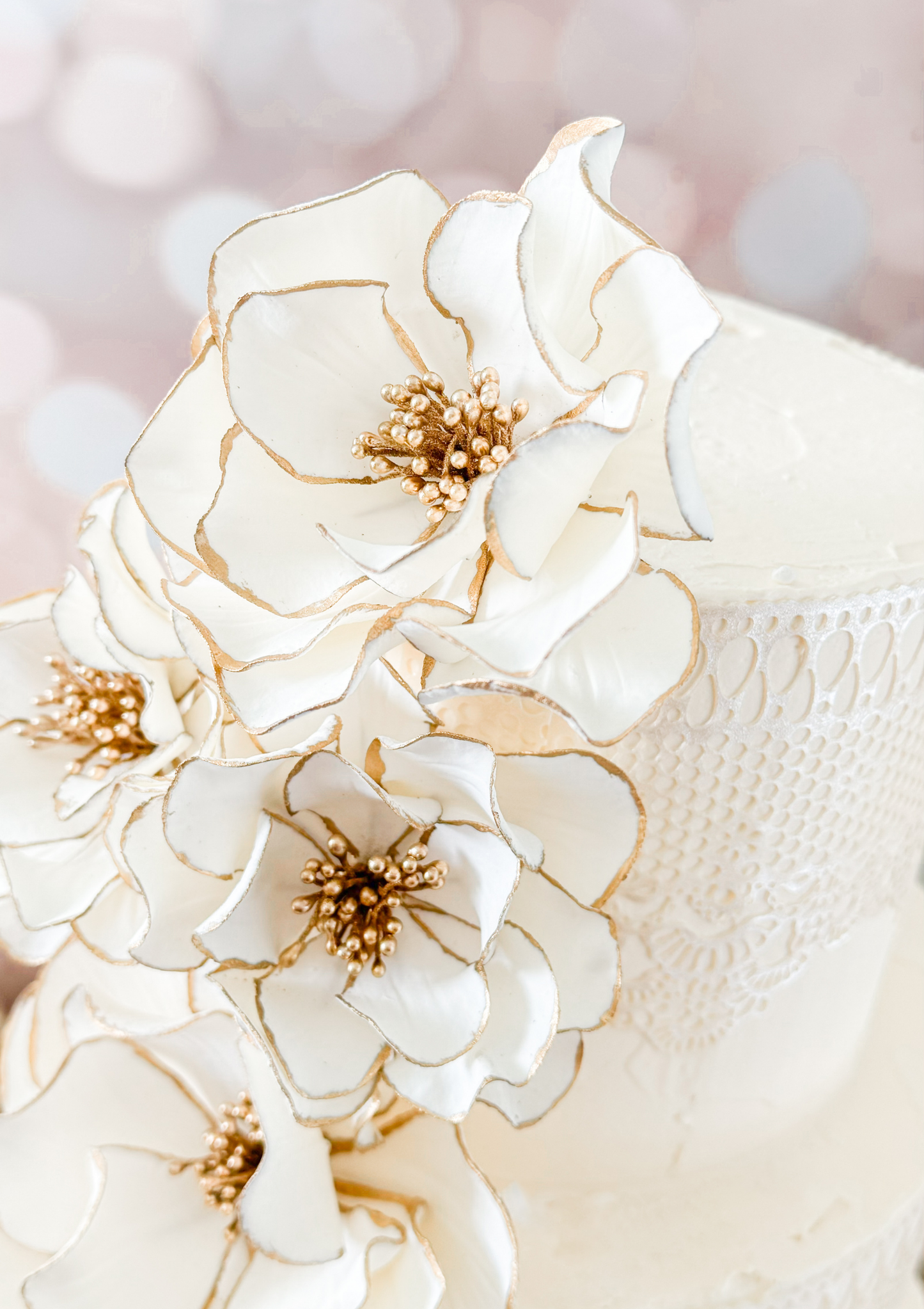 Gold Trimmed Classic Cascade — White and Gold Open Rose Sugar Flower Set