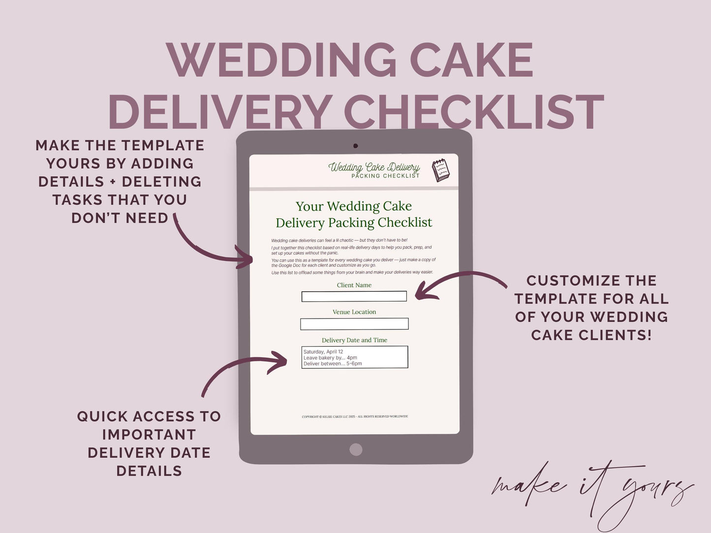 Wedding Cake Delivery Checklist - Editable Google Doc Template with Video Instructions